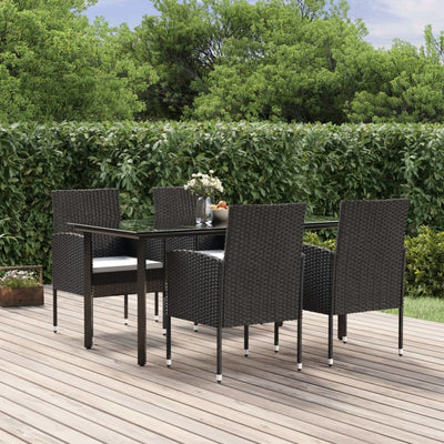 5 Piece Patio Dining Set with Cushions Black Poly Rattan